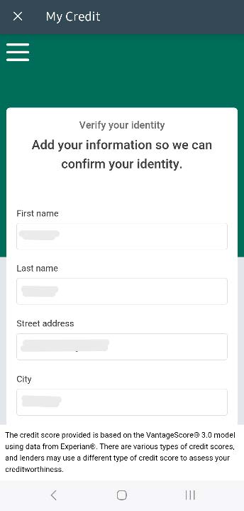 Array - My Credit screen 2 confirm your identity