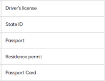 Valid ID selection: Driver's License, State ID, Passport, Residence permit, or Passport Card