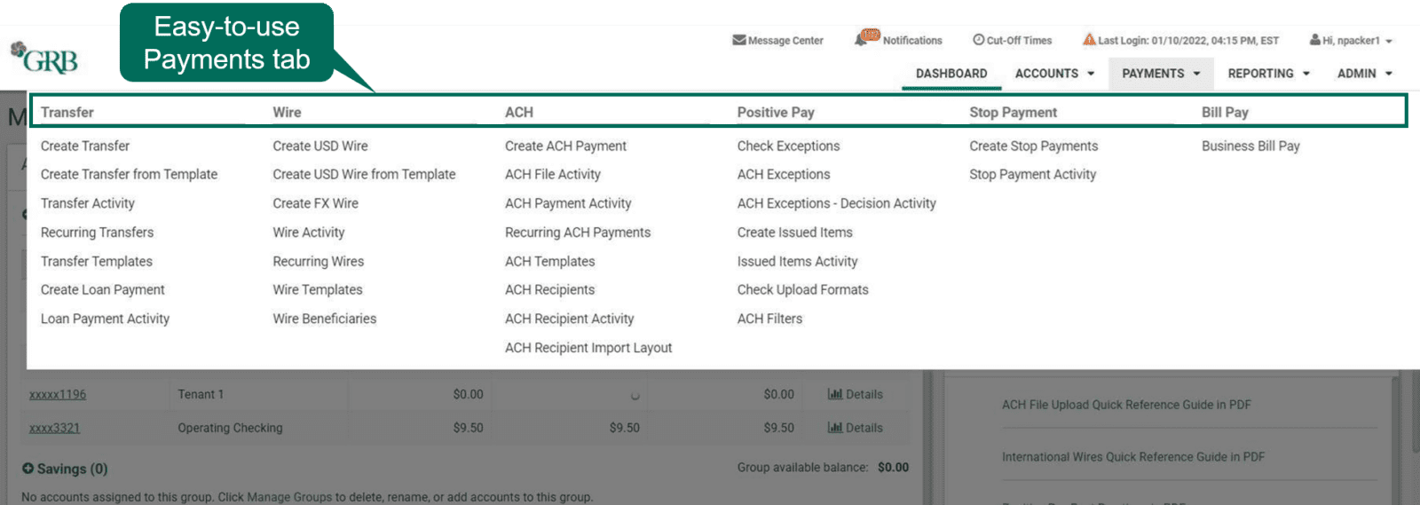 Payments tab on the new Treasury Management platform