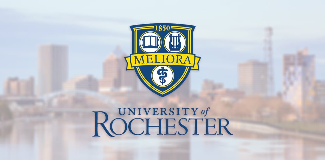 University of Rochester Crest and Logo overlaying a blurred and faded image of the Rochester city skyline.