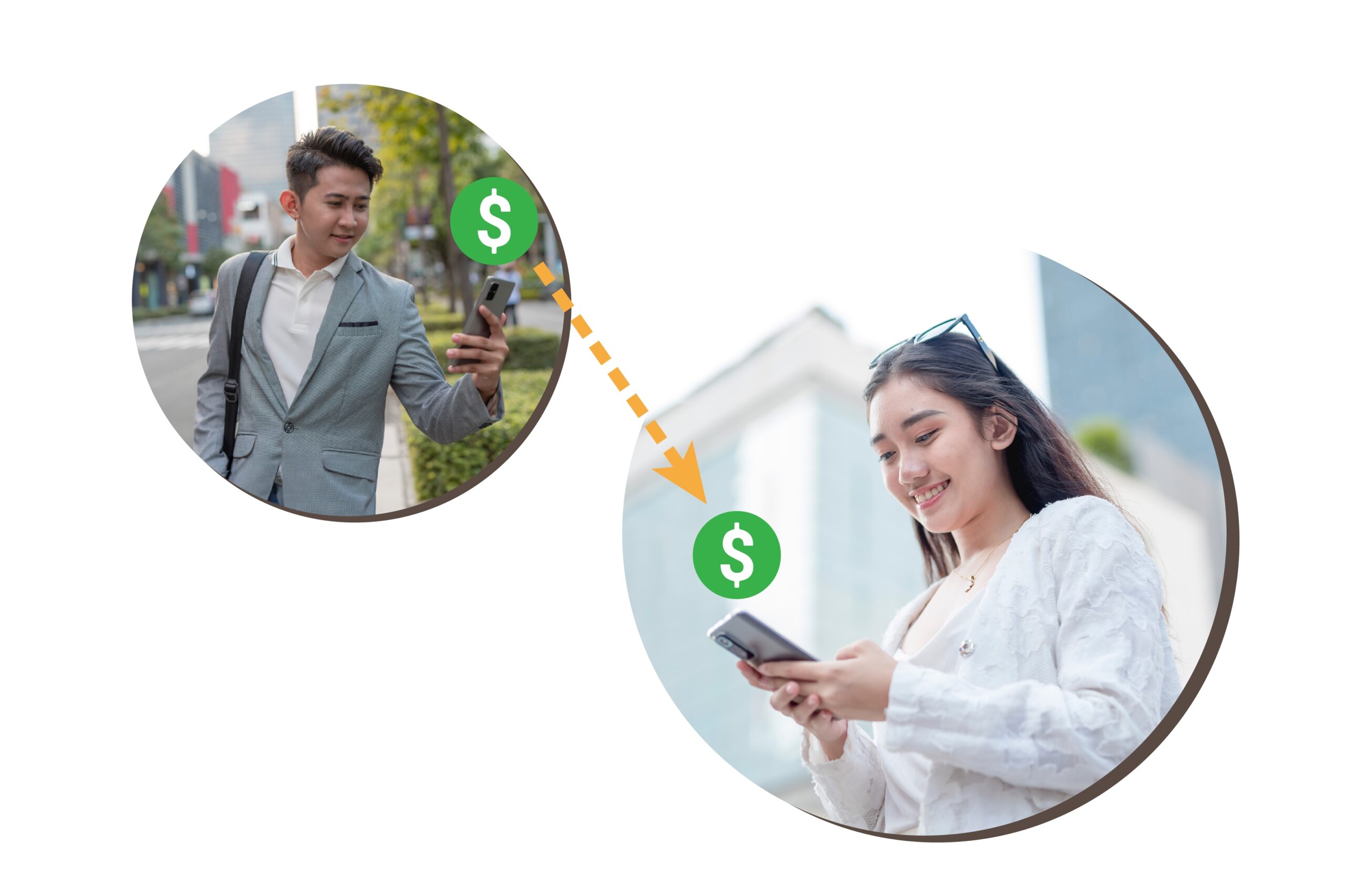 Infographic depicting a businessman using his banking app and sending funds to a young woman using her banking app and receiving funds.