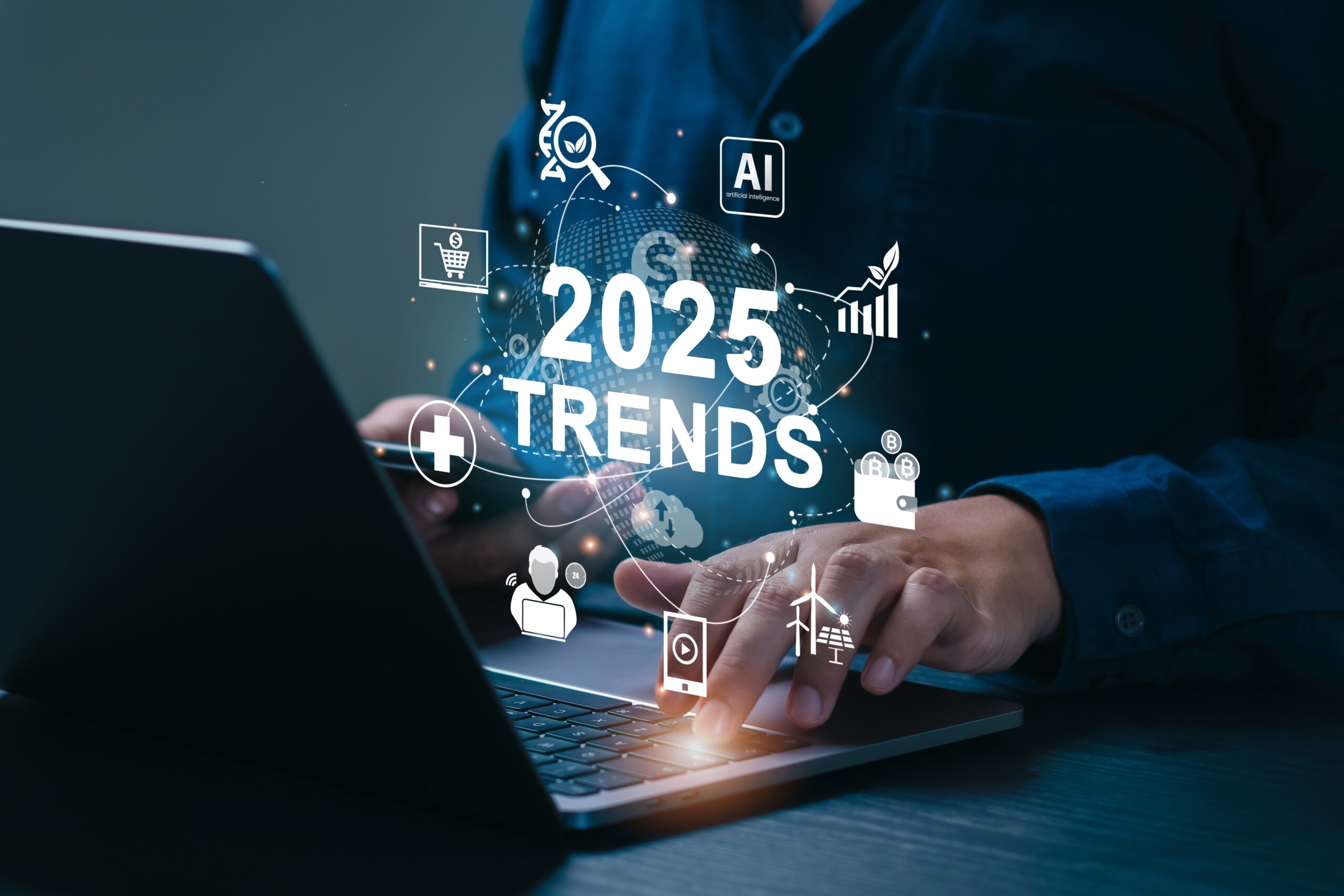 Businessman on a laptop with illustration featuring "2025 Trends" as the title.