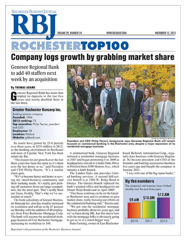 Genesee Regional bank featured article in Rochester Business Journal 